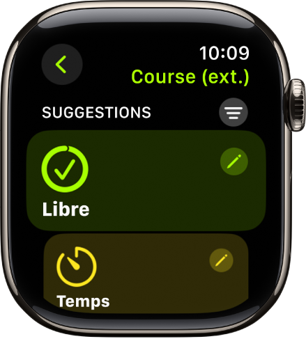 L’app Exercice qui affiche un écran pour modifier un entraînement Course (ext.). La vignette Libre se trouve au centre avec un bouton Modifier en haut à droite. Une partie de la vignette Temps est visible en dessous.