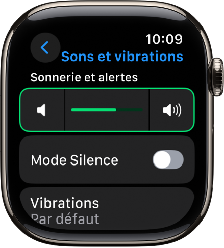 Les réglages Sons et vibrations de l’Apple Watch qui affichent le curseur Volume des alertes en haut et le bouton mode Silence en dessous.