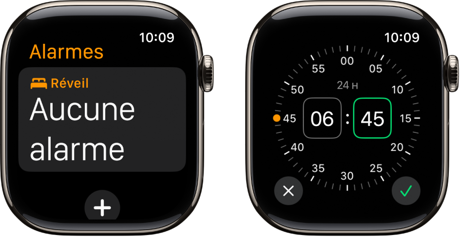 Deux écrans d’Apple Watch qui montrent comment ajouter une alarme : Touchez Ajouter une alarme, touchez AM ou PM le cas échéant, tournez la Digital Crown pour régler l’heure, puis touchez la coche.