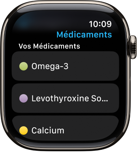 L’app Médicaments affichant une liste de tous les médicaments.