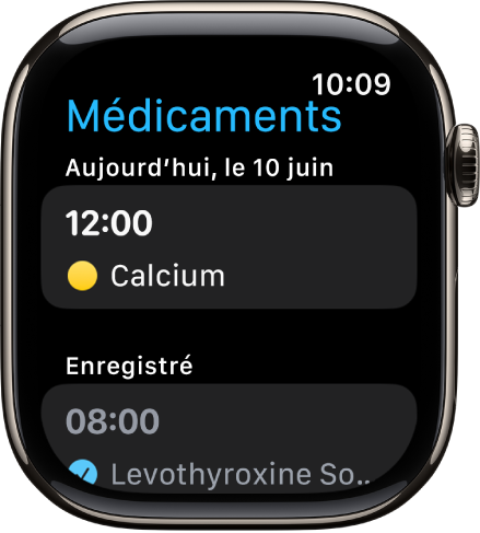 L’app Médicaments qui affiche une liste des médicaments programmés et enregistrés.
