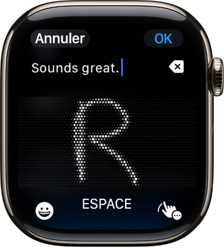 L’écran du champ de texte montre une lettre écrite avec Griffonner. Les boutons Émoji et Griffonner se trouvent en bas de l’écran.