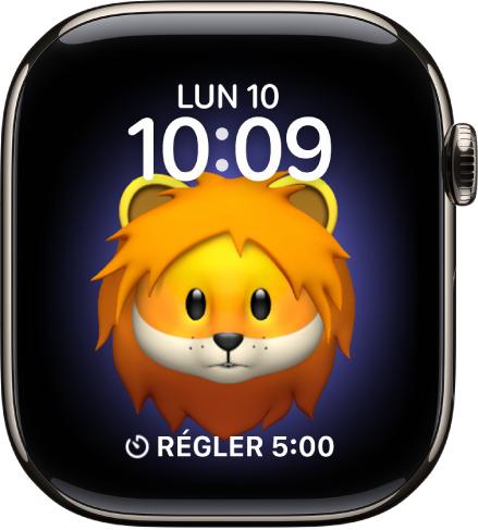 Le cadran Memoji, sur lequel vous pouvez régler le personnage Memoji et une complication dans le bas. Touchez l’écran pour animer le Memoji. La date et l’heure se situent en haut et la complication Minuteur en bas.