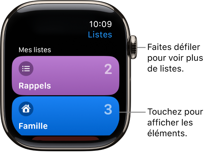L’écran Listes de l’app Rappels qui montre deux boutons de liste : Famille et Domicile. Des chiffres à droite vous indiquent le nombre de rappels dans chaque liste. Touchez une liste pour afficher ces éléments ou tournez la Digital Crown pour afficher plus de listes.