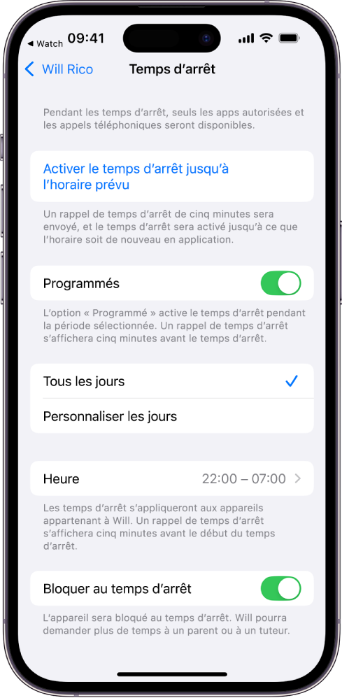 iPhone qui affiche l’écran de configuration de Temps d’arrêt. Un commutateur Programmé se trouve dans le haut. Les options Tous les jours et Personnaliser les jours s’affichent en dessous, avec Tous les jours sélectionnée. Les heures De et À sont au centre de l’écran et un bouton Temps d’arrêt est dans le bas.