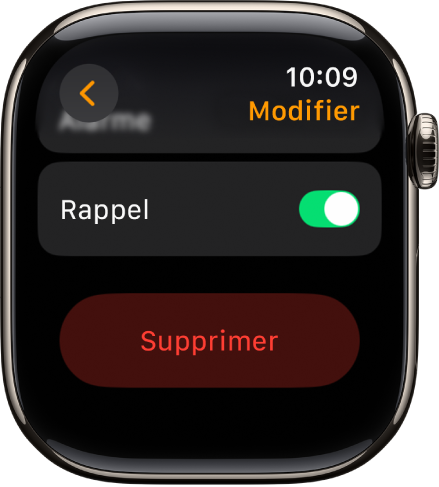 Un écran de modification de l’alarme avec le bouton Supprimer en bas.