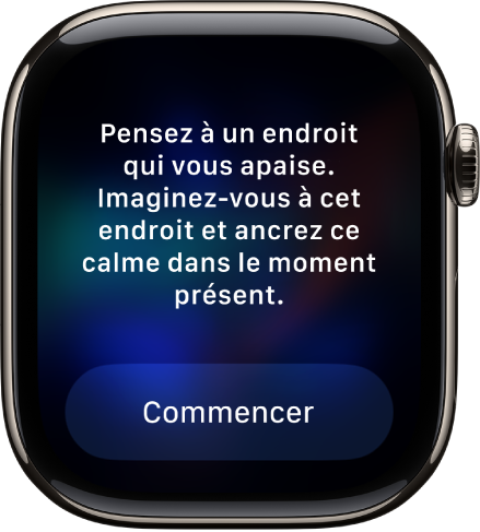 L’app Pleine conscience qui affiche une pensée à méditer. Un bouton Commencer se trouve en dessous.