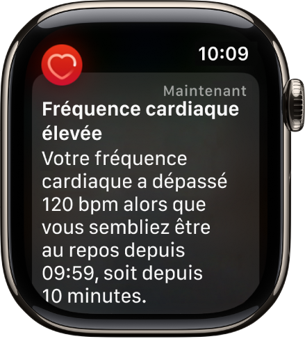 L’écran Alerte de Fréquence cardiaque qui indique la détection d’une fréquence cardiaque élevée.