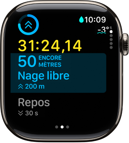 A pool swim workout in progress showing the workout’s elapsed time, the distance in a timed interval, and the next timed interval.