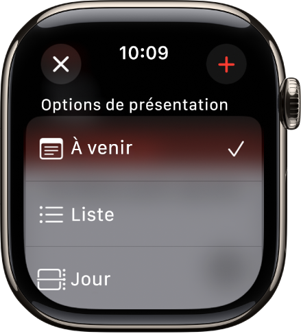 Écran Calendrier qui affiche les options de présentation : À venir, Liste et Jour. Le bouton Ajouter se situe en haut à droite.