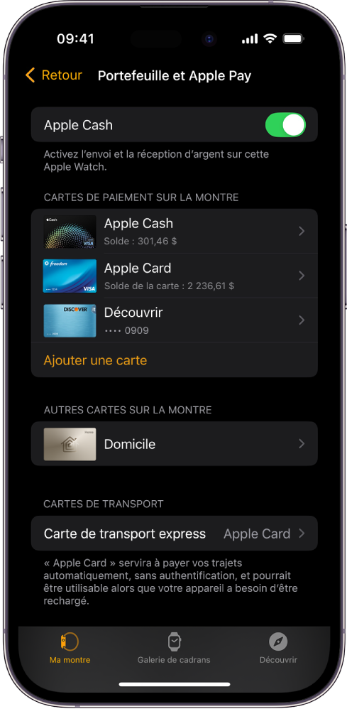 Un écran d’iPhone montrant les réglages Portefeuille et Apple Pay dans l’app Watch.