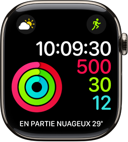 Le cadran Activité numérique qui affiche l’heure ainsi que la progression des objectifs « Bouger », « M’entraîner » et « Me lever ». Il comprend également trois complications : Météo en haut à gauche, Activité en haut à droite et la complication Conditions météo en bas.