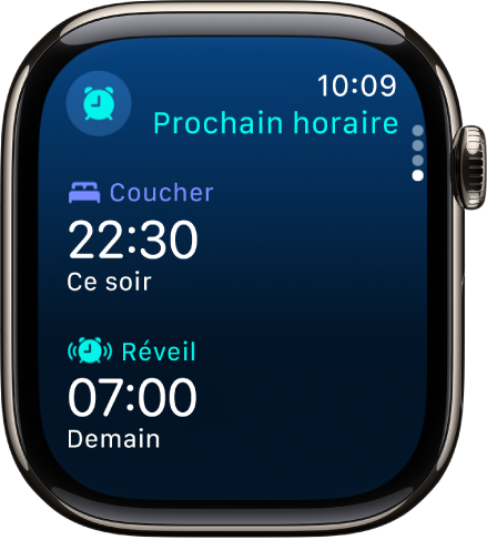 L’app Sommeil sur l’Apple Watch qui affiche l’horaire de sommeil du jour même. L’heure du coucher s’affiche en haut, au-dessus de l’heure du réveil.