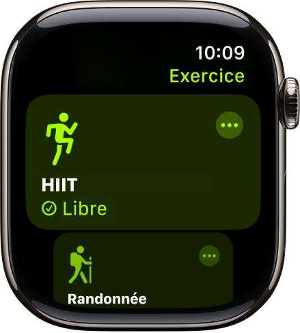 L’écran Exercice montrant l’entraînement HIIT.