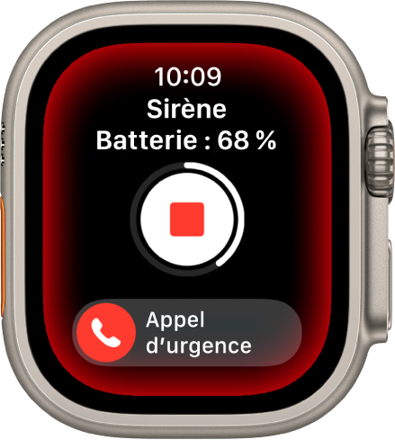 Compte à rebours de la sirène. En haut se trouve la charge de la batterie, au centre le bouton Lecture et en bas le curseur d’appel d’urgence.