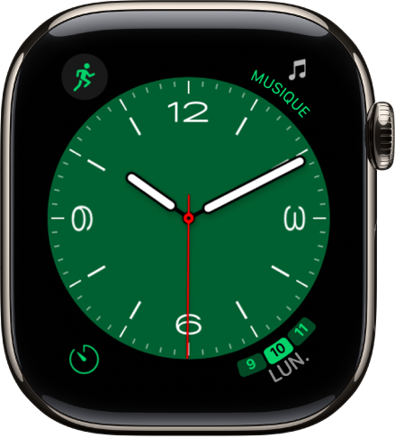 Le cadran Métropolitain, qui permet de tourner la Digital Crown pour changer l’aspect du type. Il montre quatre complications : Exercice en haut à gauche, Musique en haut à droite, Minuteur en bas à gauche et la date en bas à droite.