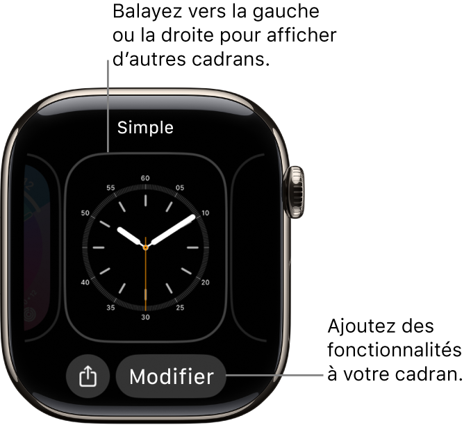 Un cadran montrant les boutons Partager et Modifier, qui s’affichent quand vous touchez et maintenez le cadran de la montre. Le nom du cadran se trouve en haut de l’écran. Balayez vers la gauche pour afficher d’autres options de cadrans. Touchez une complication pour ajouter les fonctionnalités de votre choix.