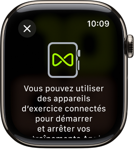 Un écran de jumelage qui s’affiche lorsque vous jumelez votre Apple Watch avec un équipement sportif.