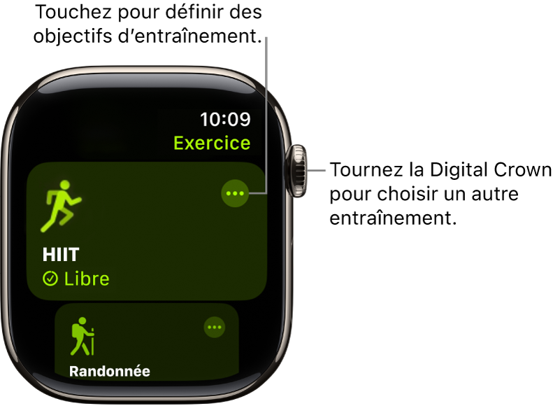 L’écran Exercice avec l’entraînement HIIT mis en avant. Un bouton Plus se trouve en haut à droite de la mosaïque d’entraînement.