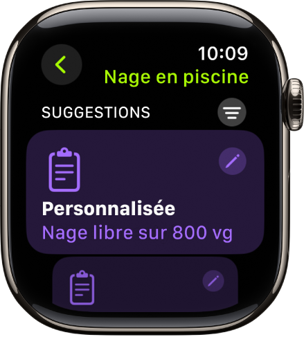 Un écran de l’app Exercice qui affiche les réglages d’un entraînement Nage en piscine personnalisé.