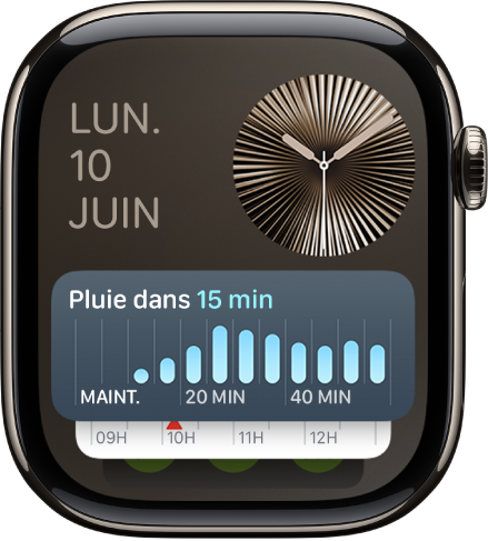 La pile intelligente sur l’Apple Watch qui affiche le widget Minuteur au premier plan et deux widgets en arrière-plan.