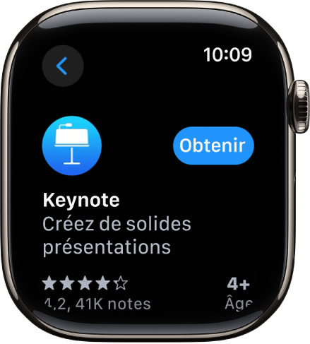 Un écran App Store montrant la page de produit d’une app avec une brève description de l’app, ses notes et le bouton Obtenir à droite.