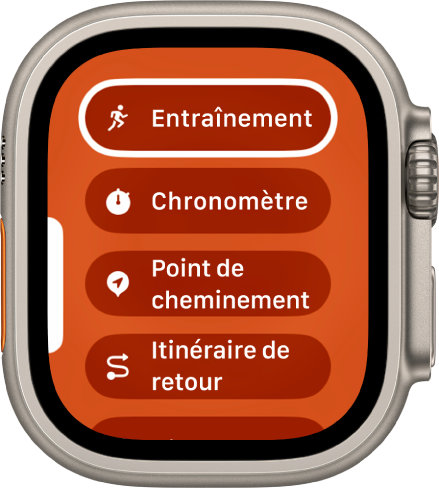 L’écran Permutation rapide montrant les actions pouvant être assignées au bouton Action, comme Entraînement, Chronomètre et Point de cheminement.