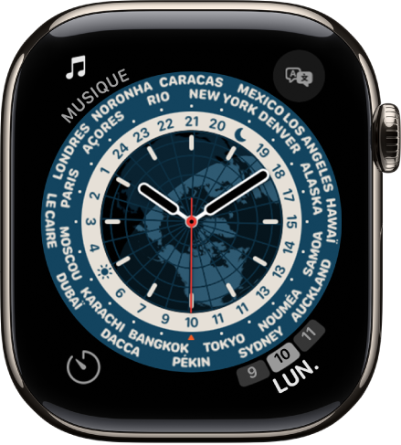 Le cadran « Horloge mondiale » affichant une horloge analogique. Au milieu de l’écran se trouve un plan de la Terre, représentant le jour et la nuit. Des nombres et des noms de villes sont situés autour du cadran. Ils indiquent l’heure dans chaque lieu. Chaque coin comprend une complication : Musique en haut à gauche, Traduire en haut à droite, Minuteur en bas à gauche et la date en bas à droite.