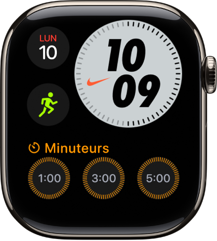 Le cadran Nike Compact, avec le jour et la date en haut à gauche, l’heure en haut à droite, la complication Exercice au milieu à gauche et la complication Minuteurs.
