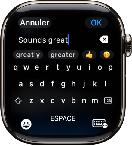 L’écran du champ de texte affichant un message créé avec le clavier à l’écran. Les boutons Emoji et Clavier à l’écran se trouvent en bas de l’écran.