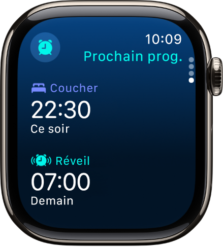 App Sommeil sur l’Apple Watch montrant le programme de sommeil de la soirée. Coucher apparaît en haut et l’heure de Réveil se trouve en dessous.