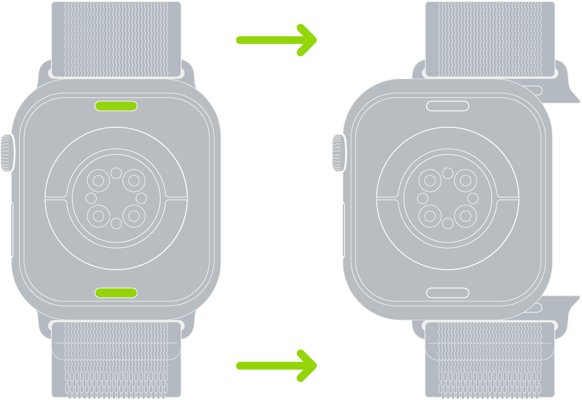 Deux images de l’Apple Watch. L’image de gauche présente le bouton pour défaire le bracelet. L’image de droite présente un bracelet de montre partiellement inséré dans l’emplacement prévu à cet effet.