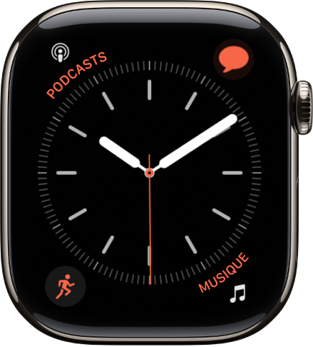 Cadran Simple, sur lequel vous pouvez ajuster la couleur de la trotteuse, la numérotation et les détails du cadran. Quatre complications sont affichées : Podcasts en haut à gauche, Messages en haut à droite, Exercice en bas à gauche et Musique en bas à droite.