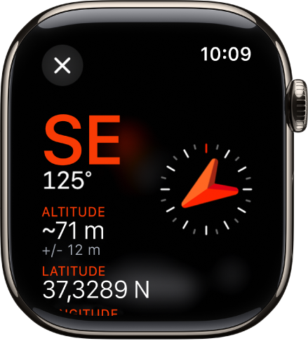 L’app Boussole affichant l’écran Infos. L’azimut apparaît au centre à gauche et indique l’orientation (nord-ouest) et le nombre de degrés (332 degrés). L’inclinaison et l’altitude actuelles sont affichées en dessous. Une flèche de visée se trouve à droite. Un bouton Fermer se trouve en haut à gauche.