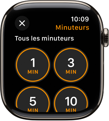 L’écran de l’app Minuteur, affichant le bouton Ajouter pour créer un minuteur, ainsi que des minuteurs prédéfinis de 1, 3, 5 ou 10 minutes.