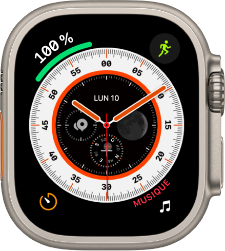 Le cadran Orientation affichant une horloge analogique, avec la complication Batterie en haut à gauche, Exercice en haut à droite, Minuteurs en bas à gauche et Musique en bas à droite. Quatre complications se trouvent au milieu du cadran : Date en haut, Terre à droite, Boussole en bas et Points de repère Boussole à gauche.