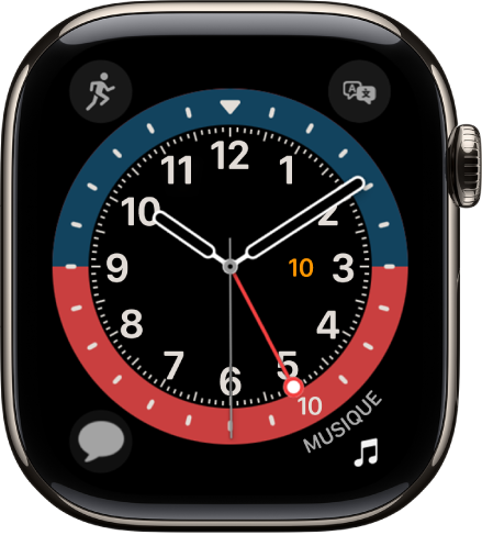 Cadran GMT, sur lequel vous pouvez ajuster la couleur. Il affiche quatre complications : Exercice en haut à gauche, Traduire en haut à droite, Messages en bas à gauche et Musique en bas à droite.