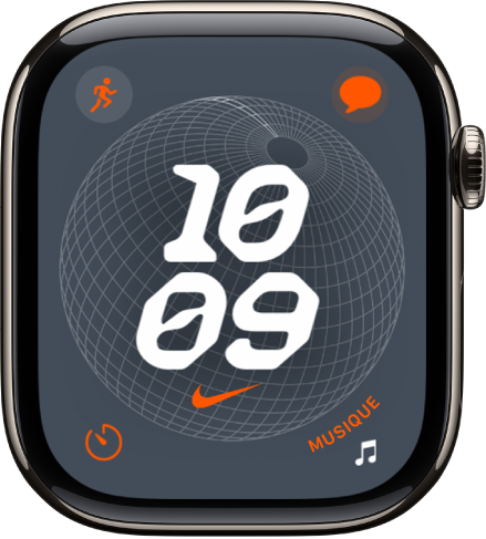Le cadran Nike Globe avec une horloge numérique au milieu et quatre complications : Exercice en haut à gauche, Messages en haut à droite, Minuteur en bas à gauche et Musique en bas à droite.