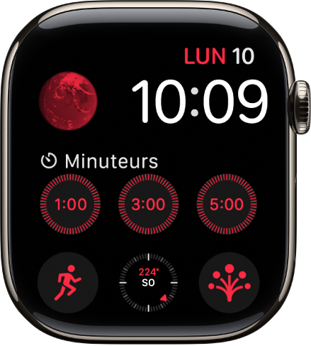 Cadran Modulaire avec l’heure et la date en haut à droite, ainsi que six complications : Terre en haut à gauche, Minuteurs au milieu, et Exercice, Boussole et État d’esprit en bas.