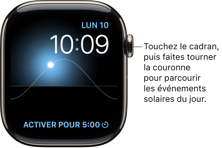Le cadran Graphique solaire affichant le jour, la date et l’heure. Ces trois options ne peuvent pas être modifiées. Une complication Minuteur apparaît en bas à droite. Touchez le cadran, puis faites tourner la Digital Crown pour voir le crépuscule, l’aube, le soleil à son zénith ou se coucher, puis la nuit.