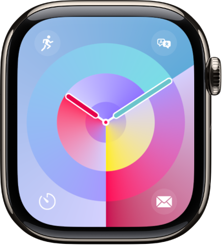 Le cadran Palette présentant une horloge analogique au milieu et quatre complications : Exercice en haut à gauche, Traduire en haut à droite, Minuteur en bas à gauche et Mail en bas à droite.