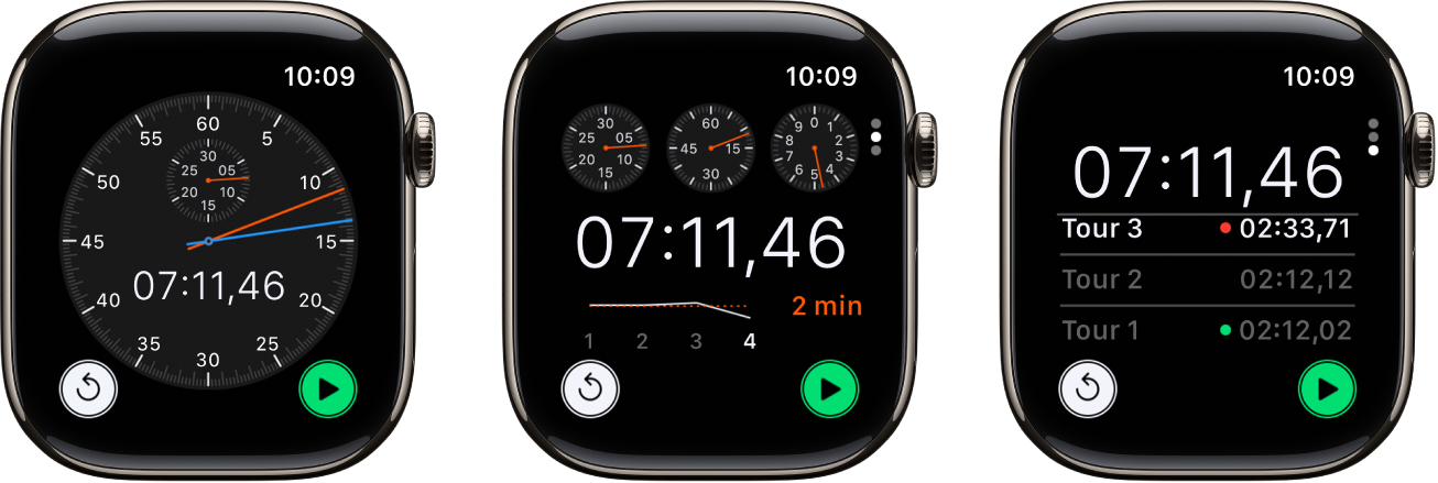 Trois types de chronomètres sont affichés dans l’app Chronomètre : Un chronomètre analogique, un chronomètre hybride affichant un temps aux formats analogique et numérique, et un chronomètre numérique avec un compteur de tours. Chaque chronomètre possède des boutons de démarrage et de réinitialisation.