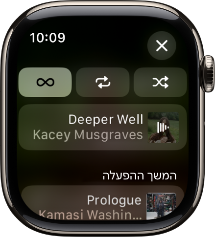 חלון עם אפשרויות ההשמעה ״סדר אקראי״, ״חזרה״ ו״השמעה אוטומטית״ בחלק העליון, ורצועת השמעה מתחת. בתחתית החלון, רצועה נוספת תחת ״הבא בתור״. משמאל למעלה נמצא הכפתור ״סגירה״.