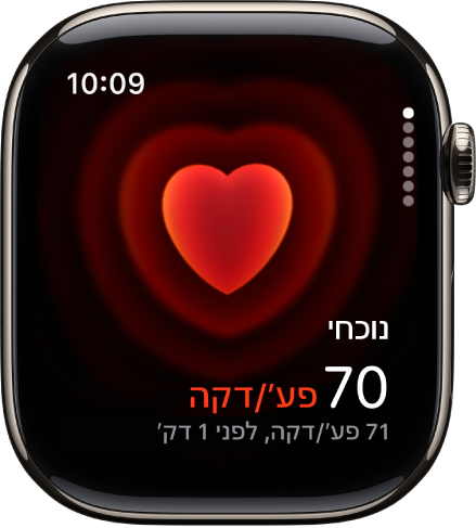 משך של ״קצב לב״ עם נתוני הדופק הנוכחיים מימין למטה ונתוני המדידה האחרונה בכתב קטן יותר מתחת לזה.