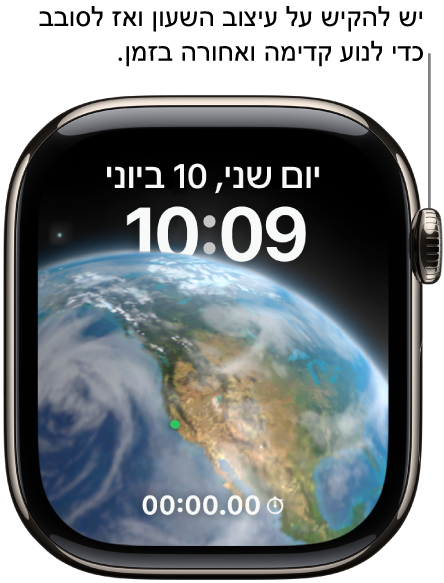 עיצוב השעון ״אסטרונומיה״ המציג את היום, התאריך והשעה הנוכחית. תצוגת ״ספירה לאחור״ נמצאת בתחתית. יש להקיש על עיצוב השעון ולסובב את ה‑Digital Crown כדי לנוע קדימה או אחורה בזמן.