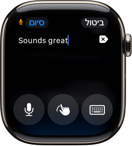מסך שדה המילים מציג הודעה בחלק העליון של המסך. הכפתורים ״מקלדת על המסך״, ״כתב יד״ ו״הכתבה״ נמצאים בחלק התחתון של המסך.