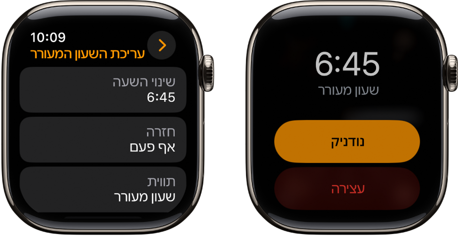 שני מסכי שעון: באחד מהם מוצגים עיצוב שעון עם הכפתורים ״נודניק״ ו״עצור״ ובשני מוצגות הגדרות ״ערוך שעון מעורר״ ומתחת הכפתורים ״שנה/י שעה״, ״חזרה״ ו״תווית״. בחלק התחתון נמצא בורר ״נודניק״.