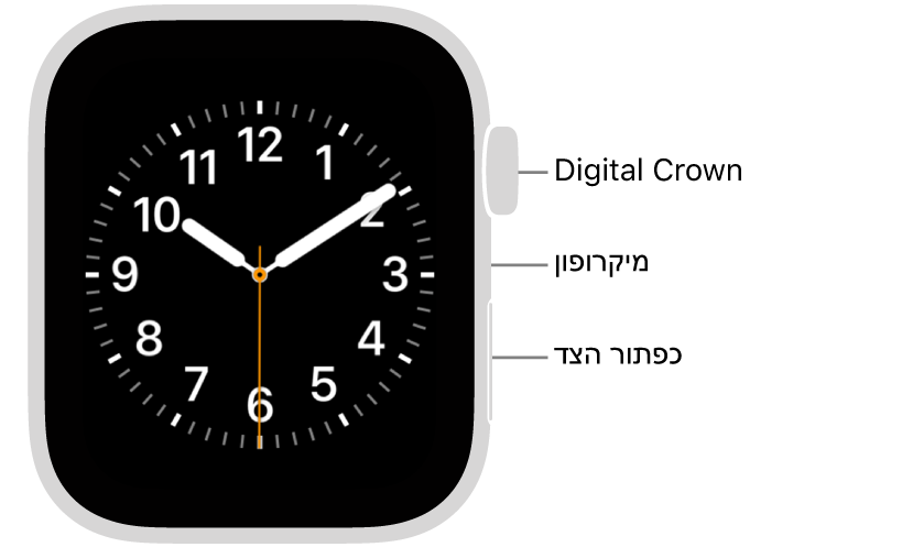 החזית של Apple Watch Series 6, כשעל הצג נראה עיצוב השעון, וה-Digital Crown, המיקרופון וכפתור הצד מלמעלה למטה בצדו של השעון.