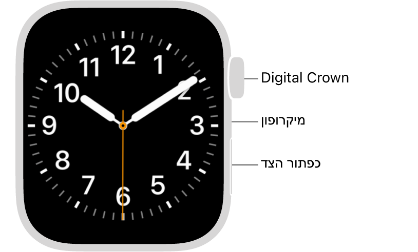החזית של Apple Watch Series 9, כשעל הצג נראה עיצוב השעון, וה-Digital Crown, המיקרופון וכפתור הצד מלמעלה למטה בצדו של השעון.