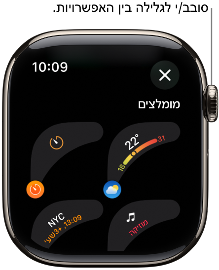 מסך ההתאמה האישית עבור עיצוב שעון מציג את התצוגות שנבחרו. סובב/י את ה‑Digital Crown כדי לדפדף בין התצוגות.
